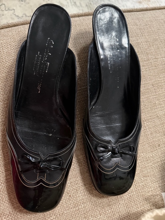 Salvatore Ferragamo Shoes - Salvatore Ferragamo Black Patent Leather Bow Mules